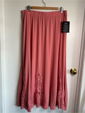 Roaman's Coral Maxi Skirt with Lace Hem